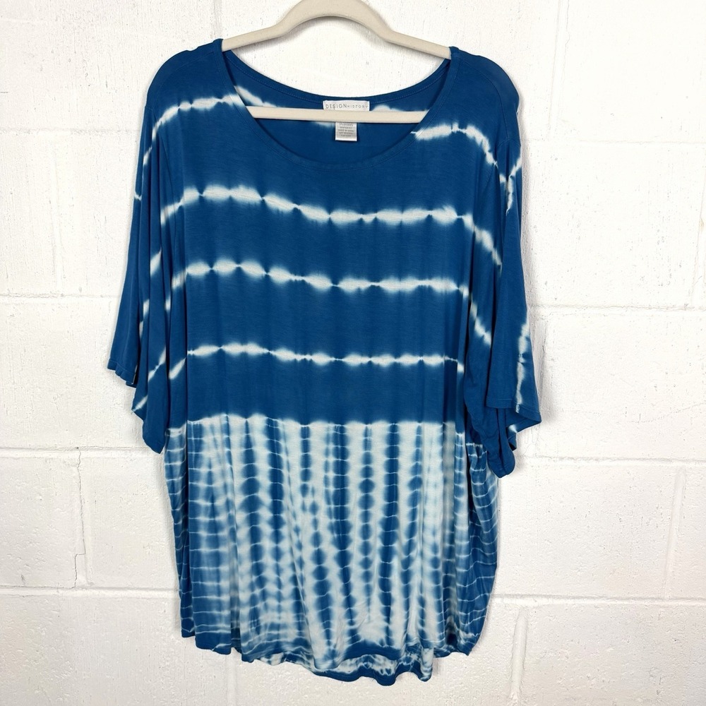 Design History Womens‎ Tunic Top Plus Size 2X Blue Tie-Dye Stretch Beach Casual